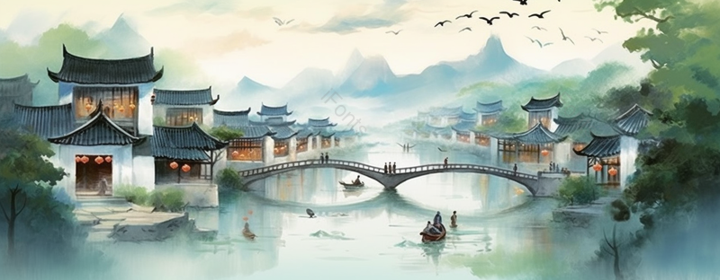 绿色古典江南水乡小桥流水房屋背景,插画/手绘图,插画/手绘图库,插画/手绘图下载,插画/手绘
